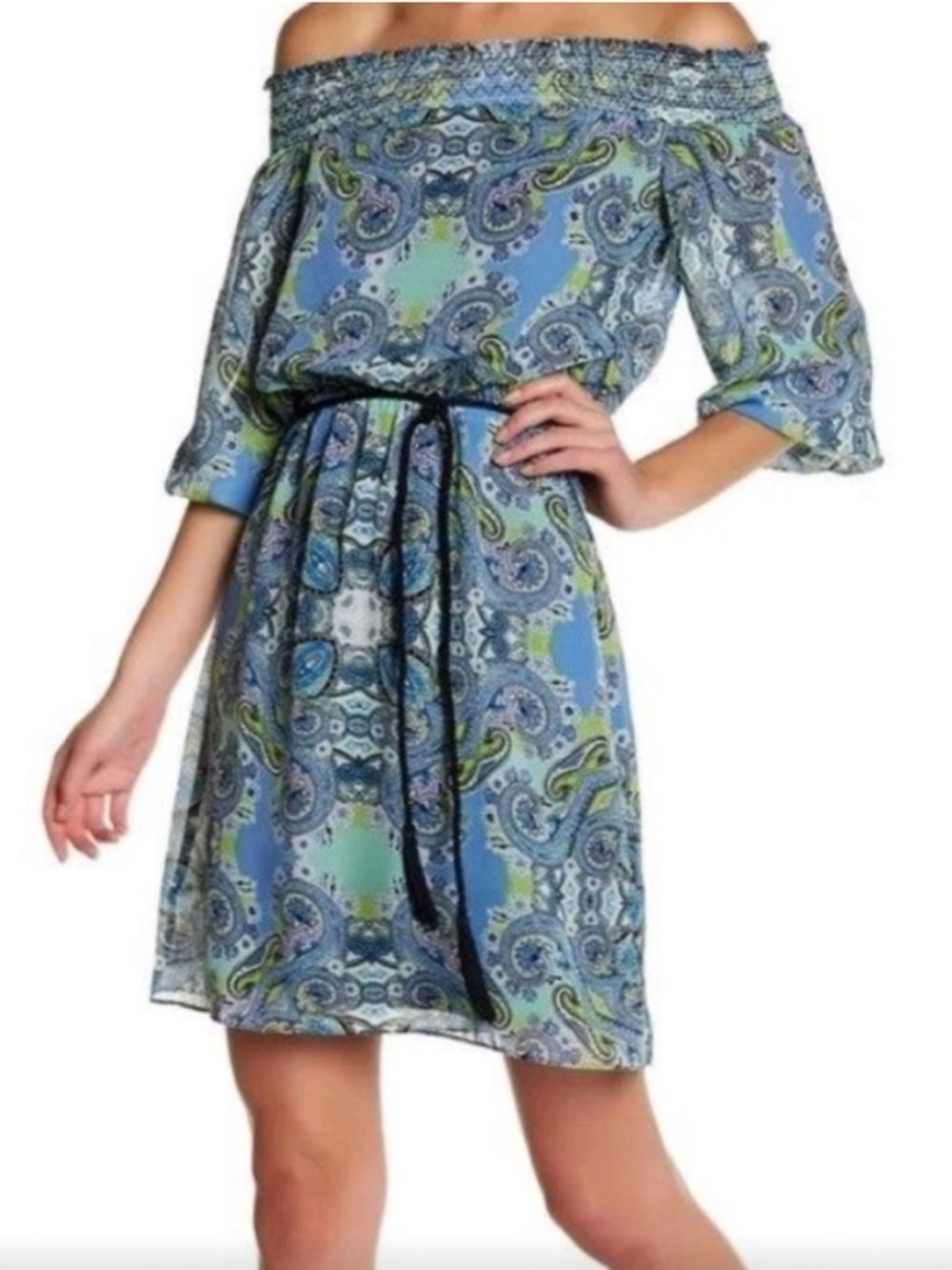 Eliza J NEW Off The Shoulder Smocked Dress Blue Green Tassel Waist Tie Women 14